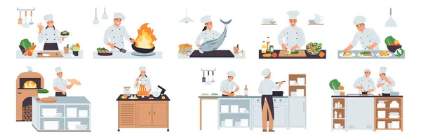 Set Isolated Cooks Professional Compositions Chefs Uniform Cooking Meals Alone — Stock Vector