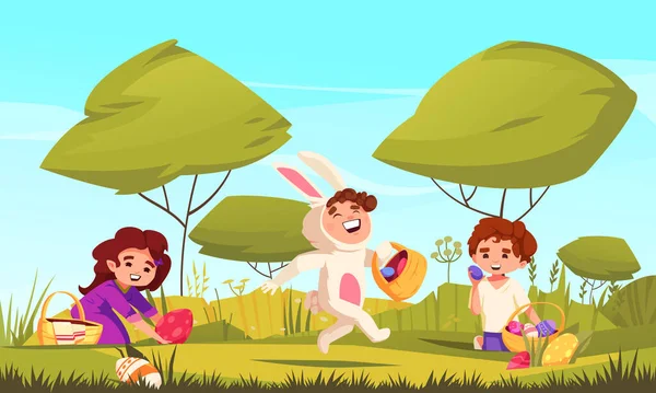 Yumurta Avı Vektör Çizimi Sırasında Çocuklarla Paskalya Karikatürü — Stok Vektör