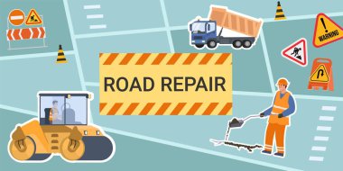 Trafik işaretleriyle yol onarımı düz kolajı ve engellenmiş yol vektör illüstrasyonunda modern özel makineler