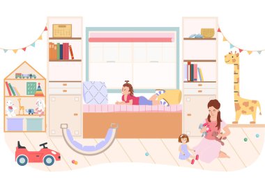 Oyuncak ve bebek bezi düz vektör çizimi ile bebek odası iç kompozisyonu