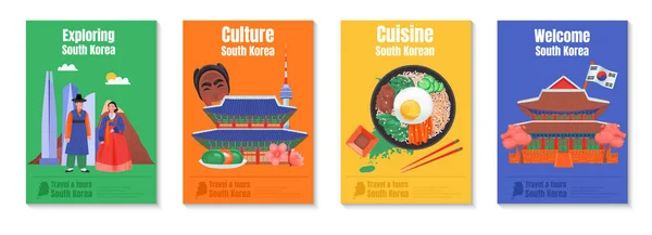 Південна Корея Плакат Набір Вивченням Культури Кухні Ласкаво Просимо Південної — стоковий вектор