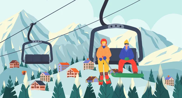 平面景观电缆构成两名运动员在装备和滑雪板上爬上山的下降矢量图解 — 图库矢量图片