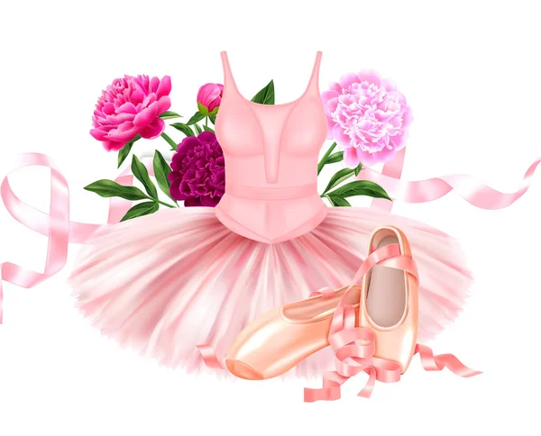Ρεαλιστική Σύνθεση Μπαλέτου Όμορφα Ροζ Ballerina Dress Shoes Σατέν Κορδέλες — Διανυσματικό Αρχείο
