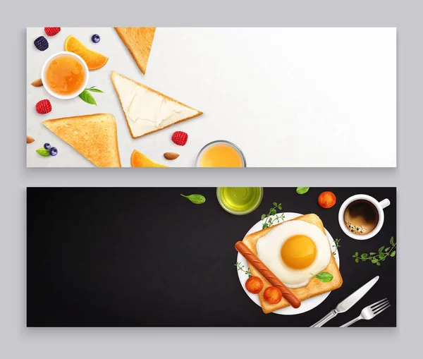 Realistic Horizontal Banners Set Delicious Breakfast Ideas White Black Backgrounds — Stock Vector