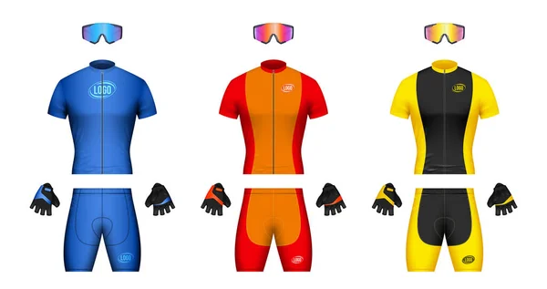 Set Realistico Abbigliamento Colorato Biciclette Con Pantaloncini Ciclismo Jersey Guanti — Vettoriale Stock