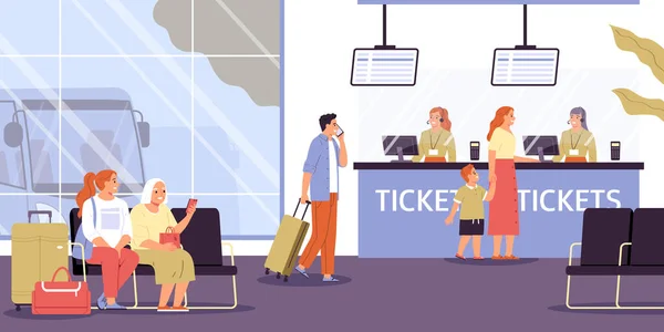 Folk Köper Biljetter Och Väntar Buss Stationen Platt Vektor Illustration — Stock vektor