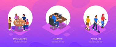 Aktif yaşam sembolleri izometrik izole vektör illüstrasyonuna sahip gençlerin bileşimi