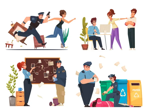 Dibujos Animados Policía Con Aplicación Ley Escenas Investigación Criminal Ilustración — Vector de stock