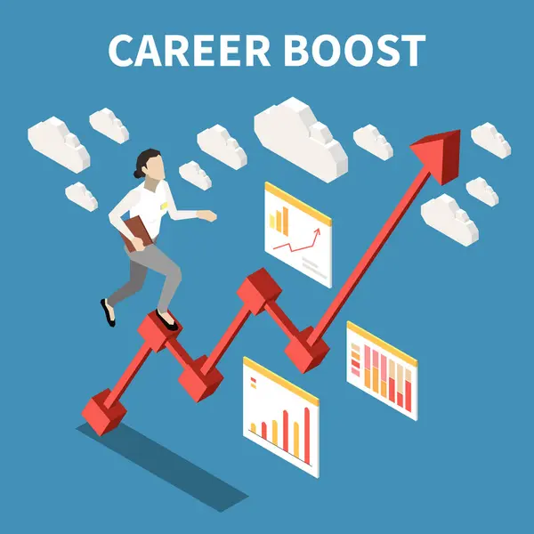 Career Boost Isometric Colored Concept Woman Goes Abstract Ladder Diagram — Stock Vector