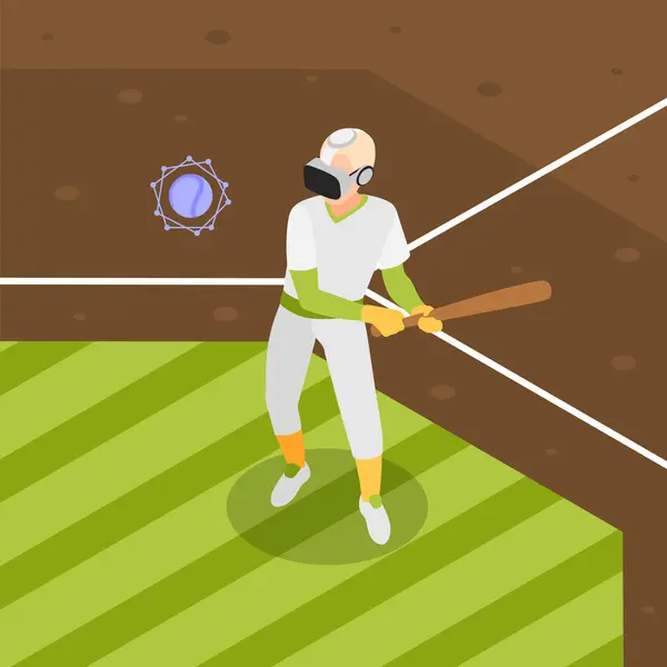 Sports Trainings Colored Isometric Background Man Plays Virtual Baseball Glasses — Stock Vector