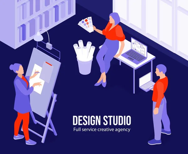 Kreativ Byrå Design Studio Affisch Med Team Inredare Som Arbetar — Stock vektor