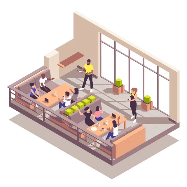 Street Cafe Izometrický Koncept Lidmi Sedícími Venkovní Terase Vektorové Ilustrace — Stockový vektor