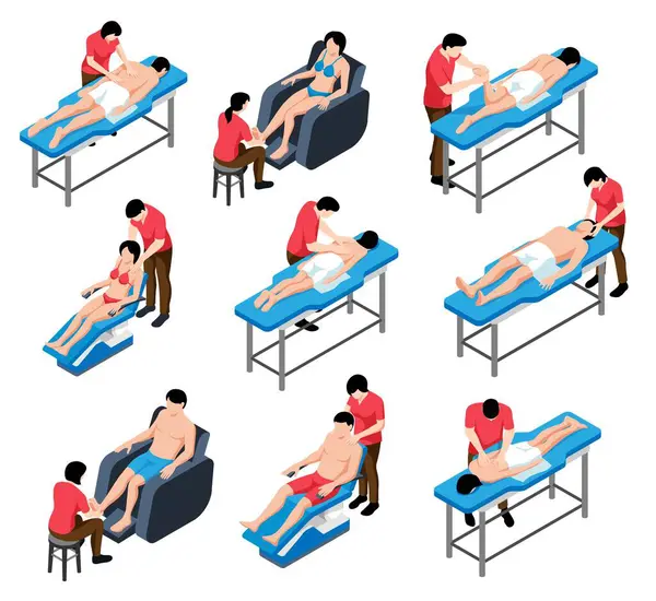 等距按摩器 由按摩师 医生和病人组成 放在桌子和椅子上 展示病媒图解 — 图库矢量图片