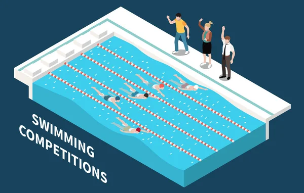 水泳競技は プールレースのベクトルイラスト中にいくつかの選手に指示を与えるトレーナーとの幾何学的な背景 — ストックベクタ
