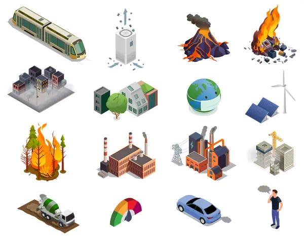 Air Pollution Factories Exhaust Fumes Natural Disasters Isometric Icons Set — Stock Vector