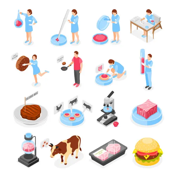 Artificial Grown Meat Isometric Icons Set Scientists Analyzing Test Tubes — Stock Vector