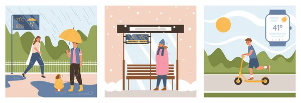 Pronóstico Del Tiempo Conjunto Plano Con Gente Caminando Nieve Lluvia — Vector de stock