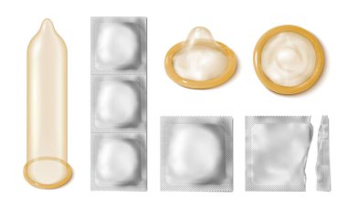Boş arkaplan çizimi üzerine gümüş ambalajlı klasik silikon prezervatiflerin izole edilmiş simgeleriyle gerçekçi bir prezervatif.