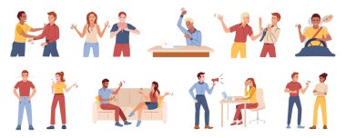 Kızgın insanlar, eşleri ve arkadaş vektör illüstrasyonunun karalama stili karakterleriyle izole edilmiş düz kompozisyonlar dizisi.