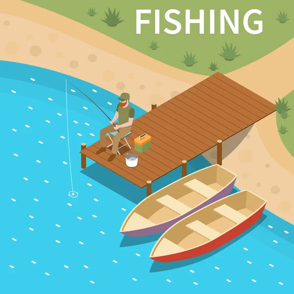 Fishing Fisherman Colored Isometric Concept Man Fishes Sitting Wooden Bridge — Stock Vector