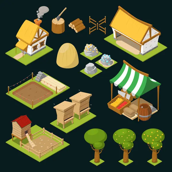 Isometric Colored Game Icon Set Isolated Trees Houses Warehouse Firewood — Stock Vector