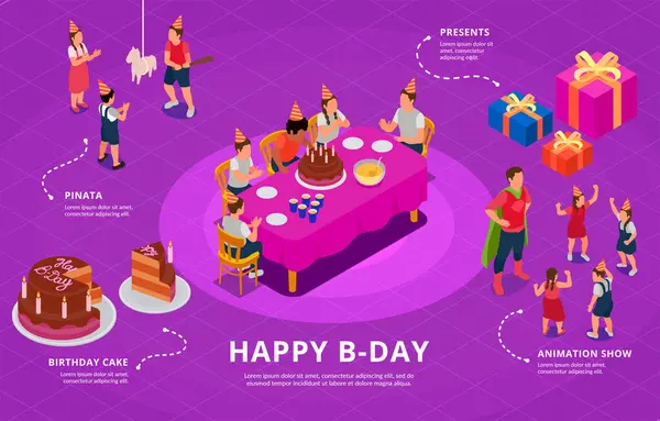 Doğum Günü Partisindeki Çocuklarla Isometric Infographic Animasyon Gösterisi Pinata Sunar — Stok Vektör