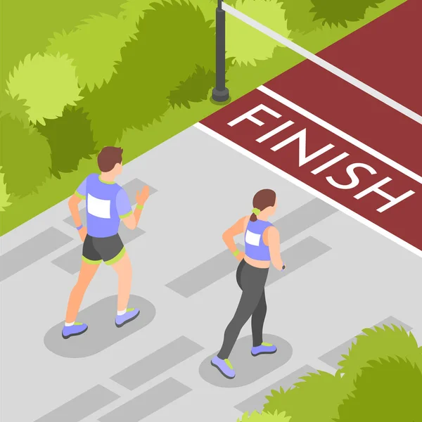Genç Maraton Koşucuları Bitiş Çizgisine Yaklaşıyorlar Izometrik Arkaplan Vektör Çizimi — Stok Vektör