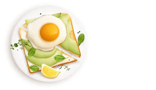 Breakfast Realistic Composition Avocado Sandwich Fried Egg Plate Top View — Stock Vector