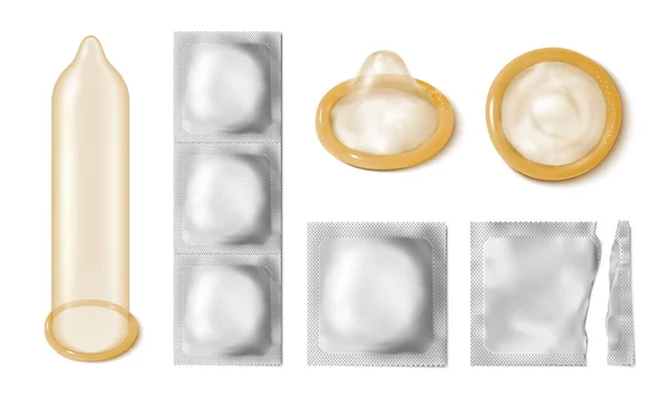 Realistický Kondom Izolovanými Ikonami Klasických Silikonových Kondomů Stříbrným Obalem Slepém — Stockový vektor