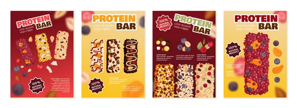 Plakate Für Gesunde Proteinriegel Werben Für Naturprodukte Mit Wenig Zucker — Stockvektor