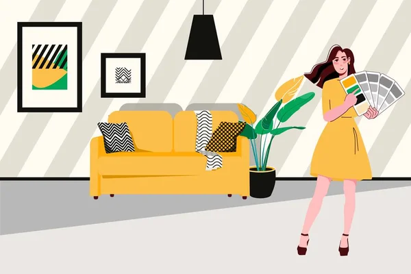 黄色のソファーとモダンな装飾要素とリビングルームのカラーパレットで働く若い女性インテリアデザイナーフラットベクターイラスト — ストックベクタ