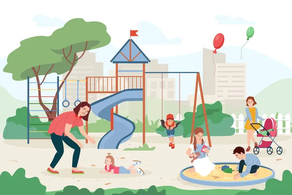 Crianças Parque Infantil Composição Plana Com Crianças Montando Balanços Brincando — Vetor de Stock