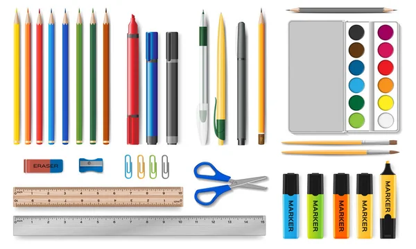 Schreibwaren Realistisches Set Buntstifte Stifte Marker Lineale Aquarelle Büroklammern Schere — Stockvektor