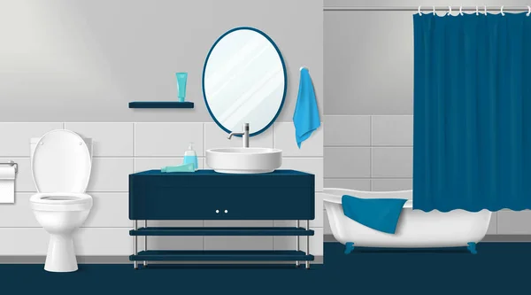 现代浴室内部蓝色色调的白色马桶浴缸壁镜和配件现实的矢量插图 — 图库矢量图片