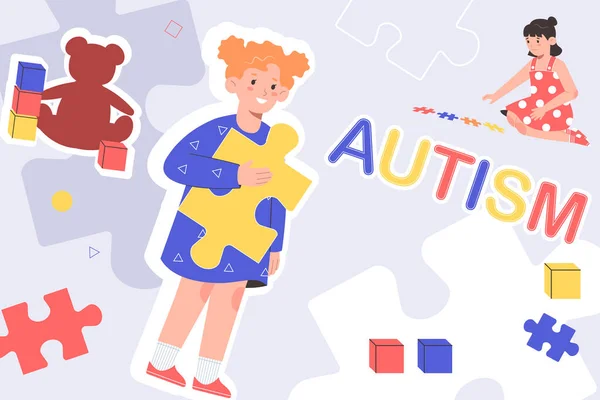 Autismo Colagem Plana Com Crianças Peças Quebra Cabeça Coloridas Ilustração — Vetor de Stock