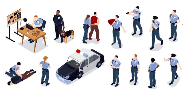 Ensemble Policiers Isométriques Icônes Isolées Avec Des Personnages Humains Agents — Image vectorielle