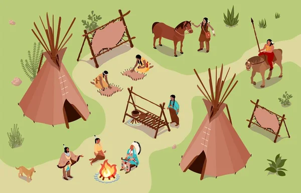 Izometryczna Amerykańska Kompozycja Indian Widokiem Ognie Udomowionych Koni Ogniska Ludzi — Wektor stockowy