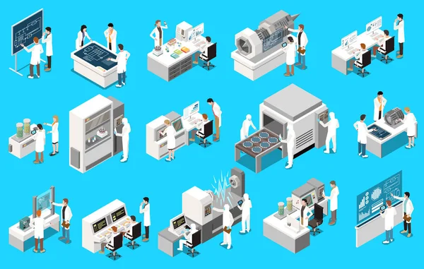 Research Development Isometric Icons Set Engineers Scientists Working Tech Lab — Stock Vector