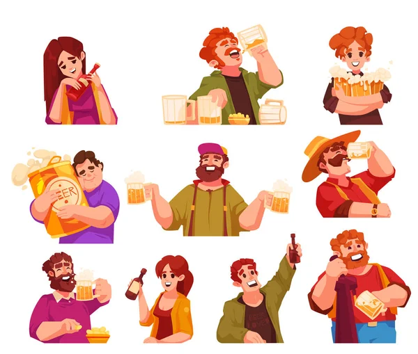 Bier Cartoon Pictogrammen Set Met Mensen Met Drank Flessen Glazen — Stockvector