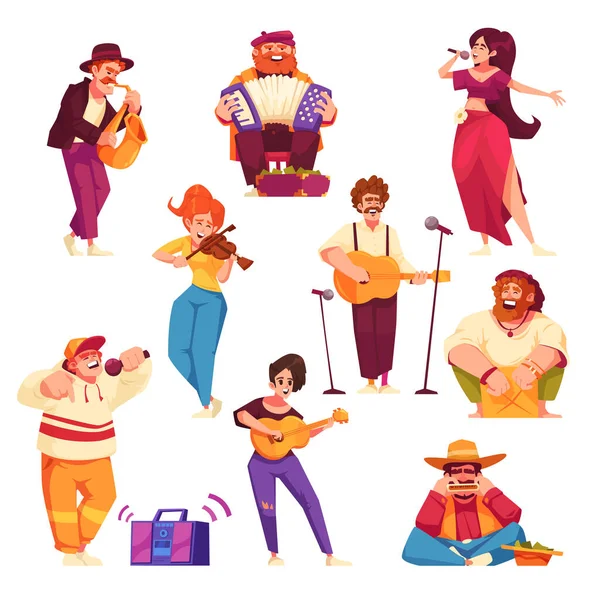 Iconos Dibujos Animados Músicos Callejeros Con Gente Cantando Jugando Aire — Archivo Imágenes Vectoriales