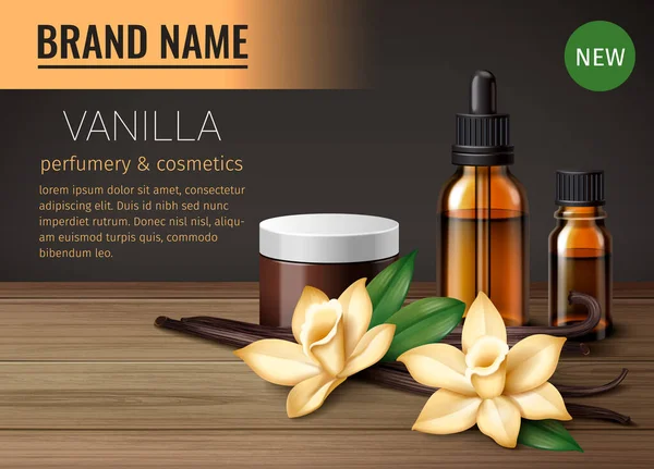 Realistisches Vanille Poster Mit Aromatischen Blumen Und Parfümprodukten — Stockvektor
