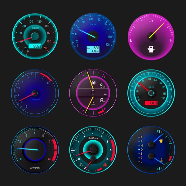 Modern Realistic Auto Speedometer Icons Set Isolated Vecor Illustration — Stock Vector