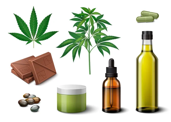 Iconos Realistas Marihuana Medicinal Con Aceite Cosmético Productos Alimenticios Ilustración — Vector de stock