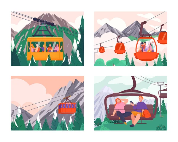 4つの景観ケーブルウェイカラーコンセプトセット観光ツアー登山とスキー斜面ベクターイラスト — ストックベクタ