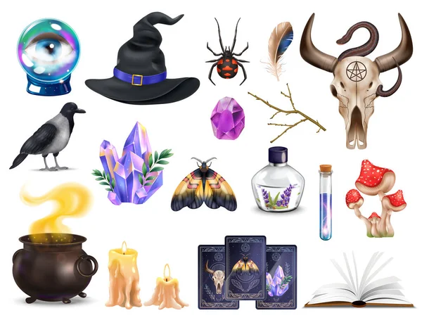 Realistische Magische Hexerei Ikone Set Hexen Attribute Glaskugel Hexen Hut — Stockvektor