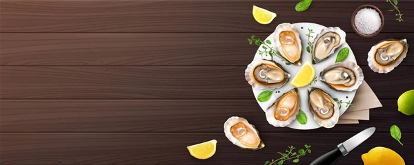 Huîtres Fraîches Ouvertes Aux Herbes Citron Sel Servi Dans Une — Image vectorielle