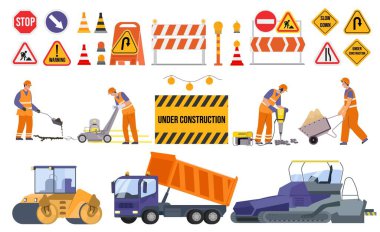Yol onarımı düz makine parçaları ve turuncu üniformalı işçiler kaya matkabı ve asfalt kaldırım yalıtımı ile çalışıyor.