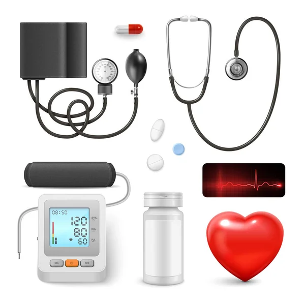 Ensemble Réaliste Équipements Médicaux Médicaments Pour Mesurer Contrôler Pression Artérielle — Image vectorielle