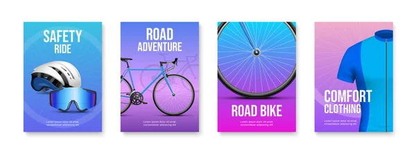 现实的垂直霓虹灯彩色自行车招贴画集与道路自行车配件安全乘坐和舒适服装隔离病媒说明 — 图库矢量图片