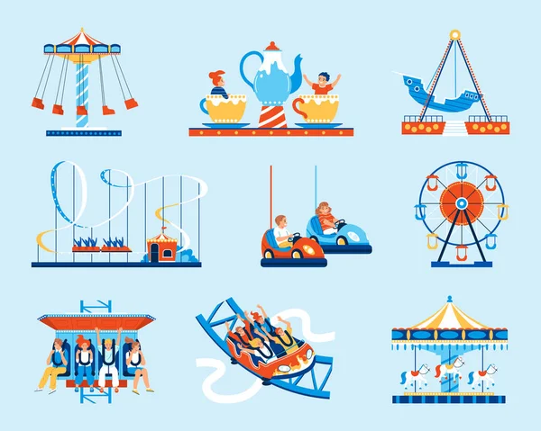 Amusement Park Attractions Flat Set People Having Fun Roller Coaster — Stock Vector